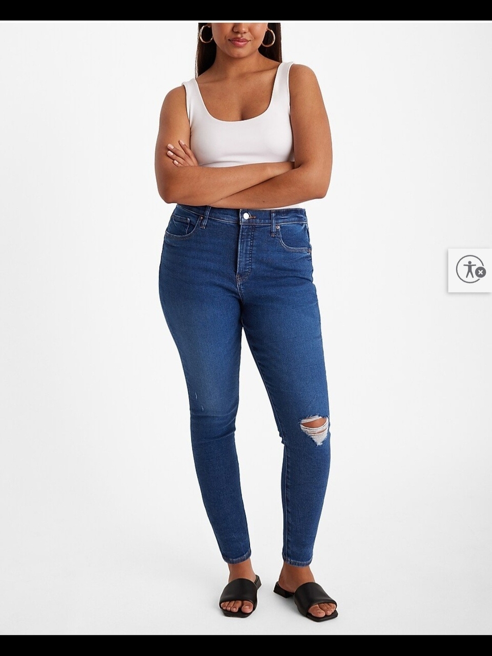 Express Women's Skinny Jeans in Dark Blue with Knee Rip